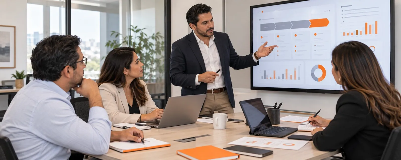 Equipo comercial de una empresa industrial revisando oportunidades en una pantalla