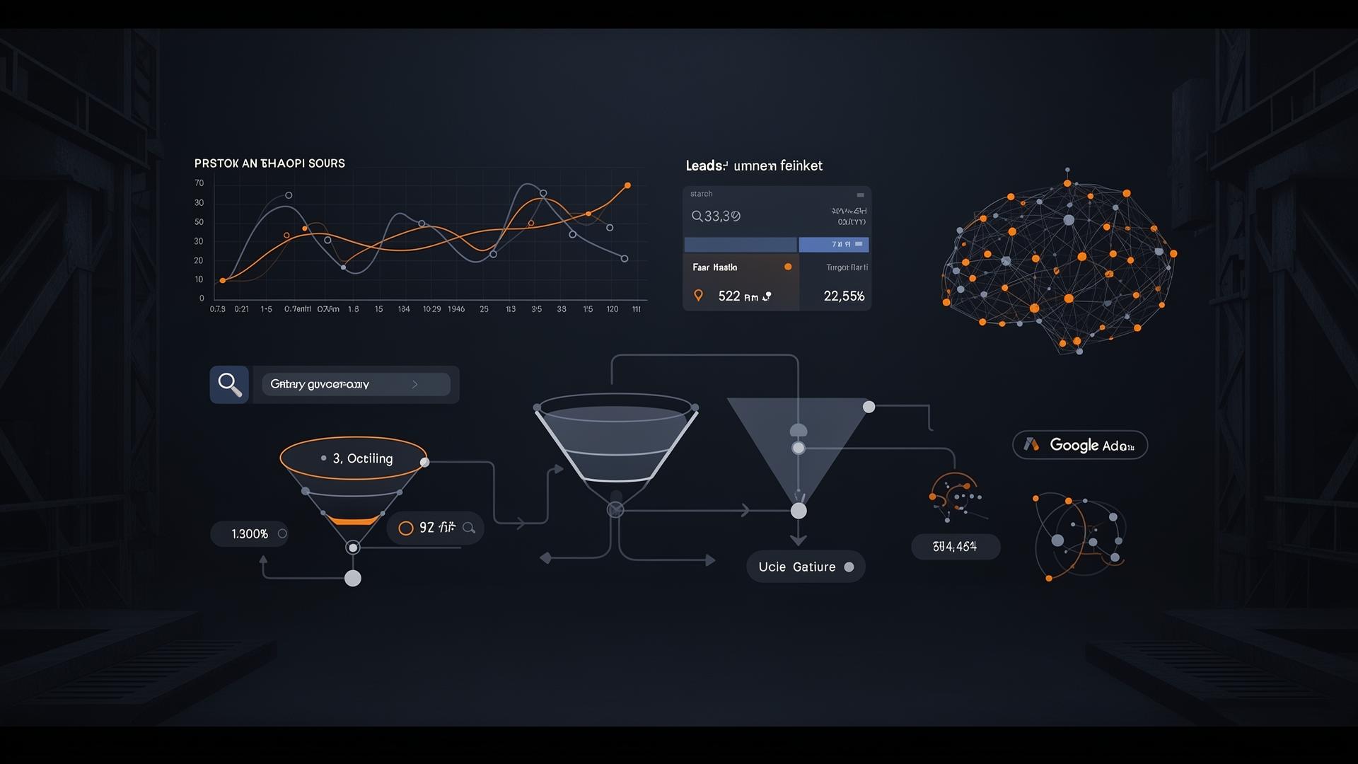 Visualización abstracta de campañas de Google Ads con inteligencia artificial para empresas B2B e industriales